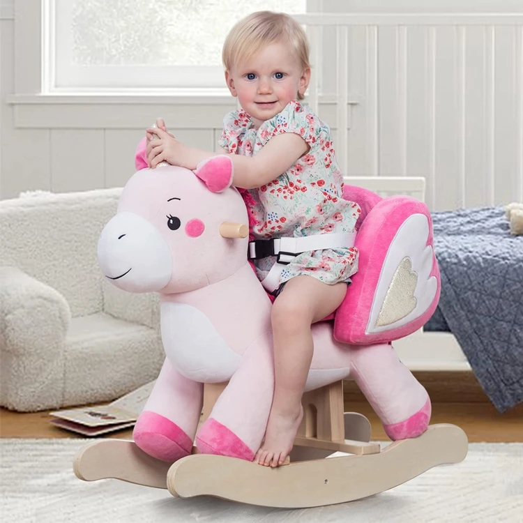 European Style Children Riding Toy Pink Unicorn Stuffed Animal Plush Rocking Horse Toy Kid Wooden Baby Rocking Horse Chair