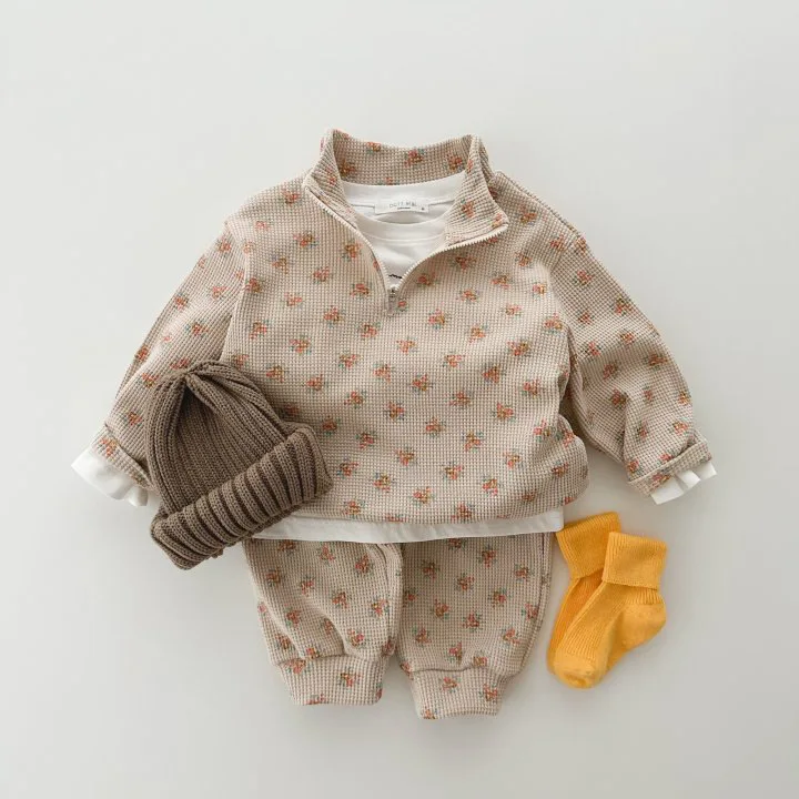 Spring Autumn Toddler Children Girls Floral Design Half Zipper Casual Sweatshirt Pants 2pcs Tracksuits Baby Clothes Set