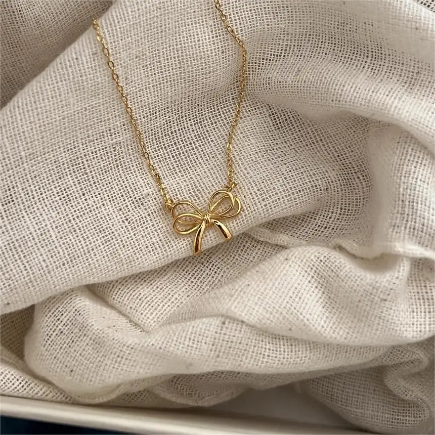 Fine Design Korea Jewelry 18k Gold Plated 925 Sterling Silver Bow Pendant Necklace Women Collarbone Chain Necklaces For Girls