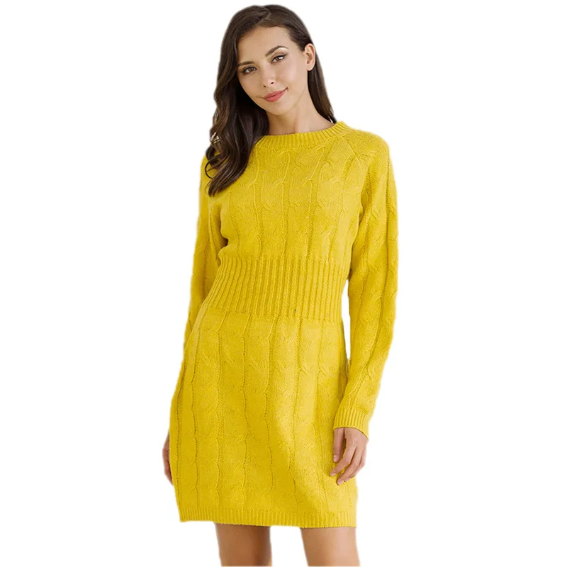 Clothing factory wholesale women knitted miniskirts plus size dress Mid-length Neon green sweater dress