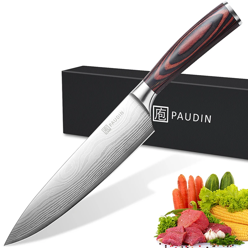 Paudin  Hot Sale Full Tang 8 Inch German High Carbon Steel Kitchen Chef Knife With Natural Ebony Wood Handle Knives Custom