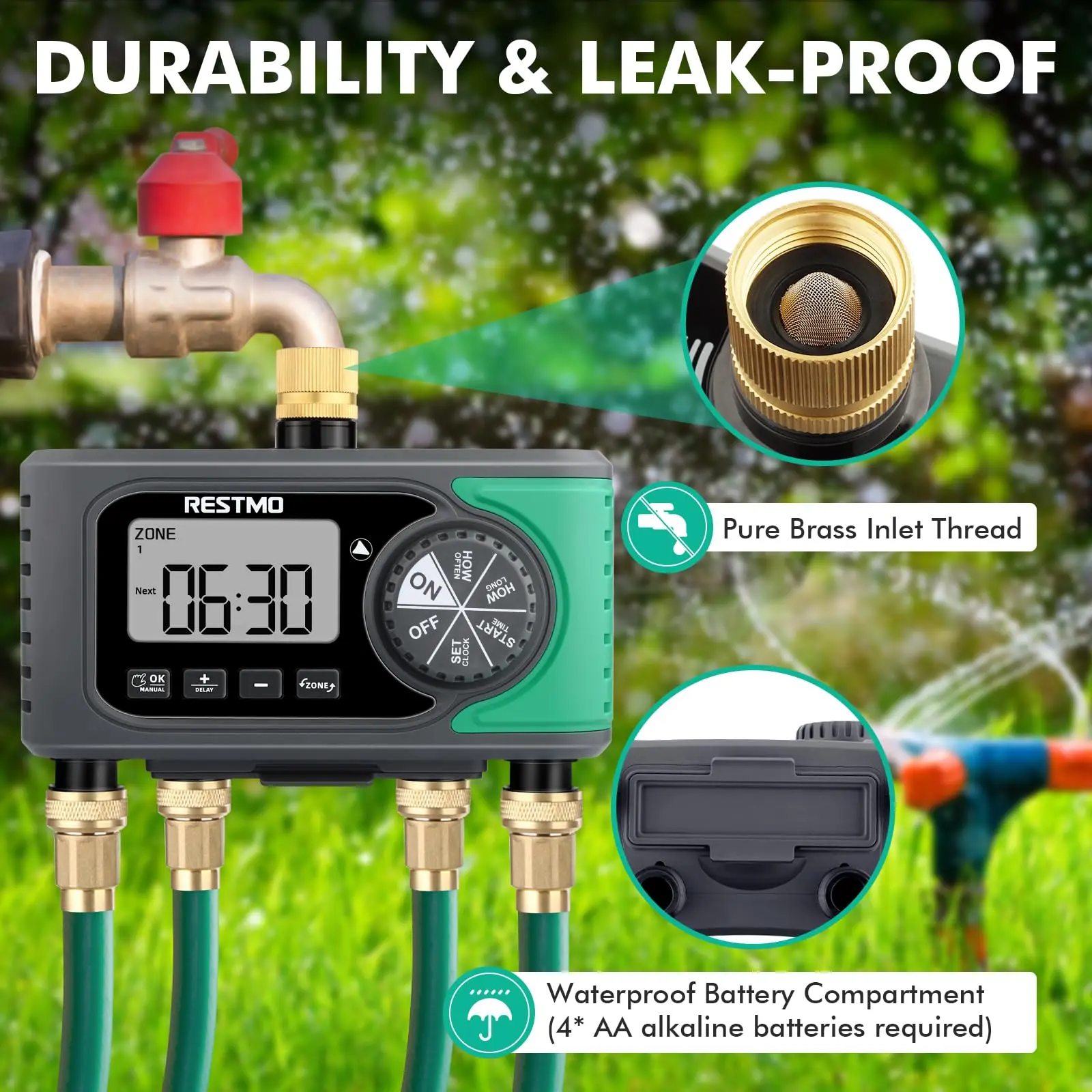 4-Outlet Sprinkler Timer 4 Zone Programmable Water Timer for Garden Automatic Digital Control for Outdoor Faucet Drip Irrigation