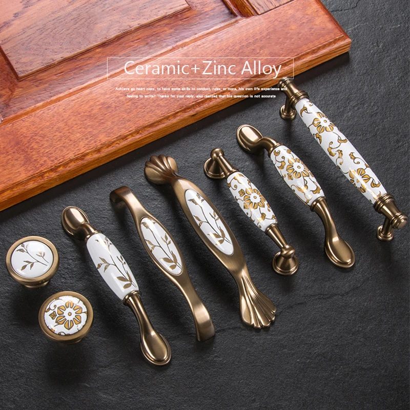 Gold Ceramic Door Handles European Antique Furniture Handles Drawer Pulls Kitchen Cabinet Knobs and Handles CZ-2126