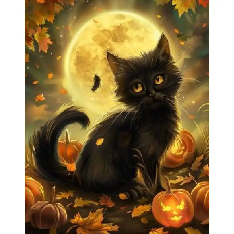 CHENISTORY Halloween Full Round Diamond Embroidery Animal Cat Diamond Painting Rhinestone Pictures Mosaic Decor For Home