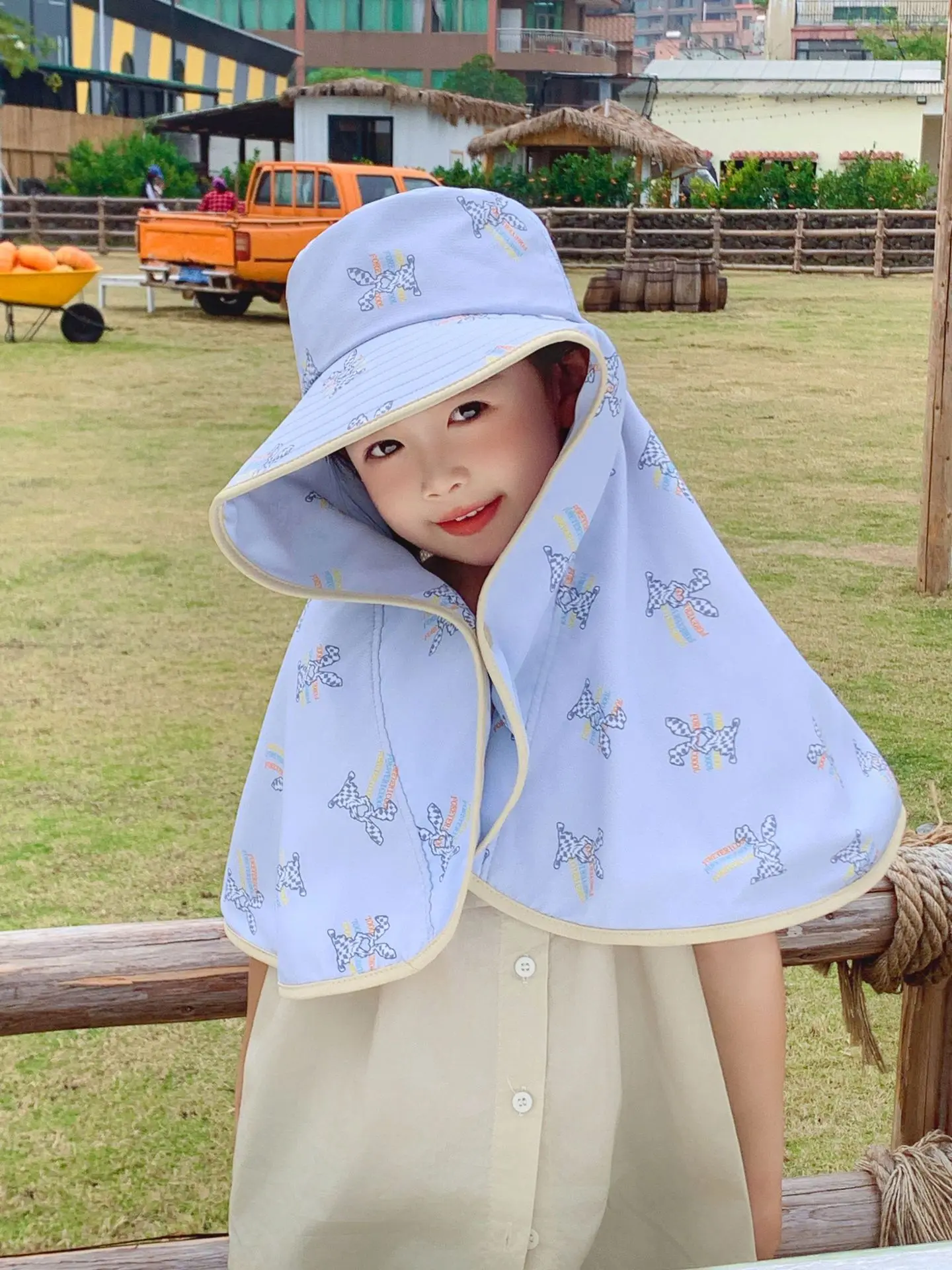 2024 new summer children unisex piping sun hat anti-UV sunshade shawl large brim cartoon bear pattern fisherman hat