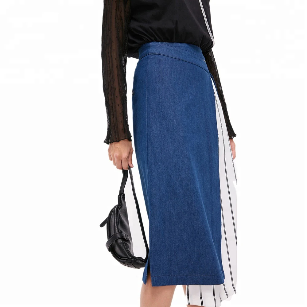 Patching stylish denim blue white women long denim skirts womens pencil skirt