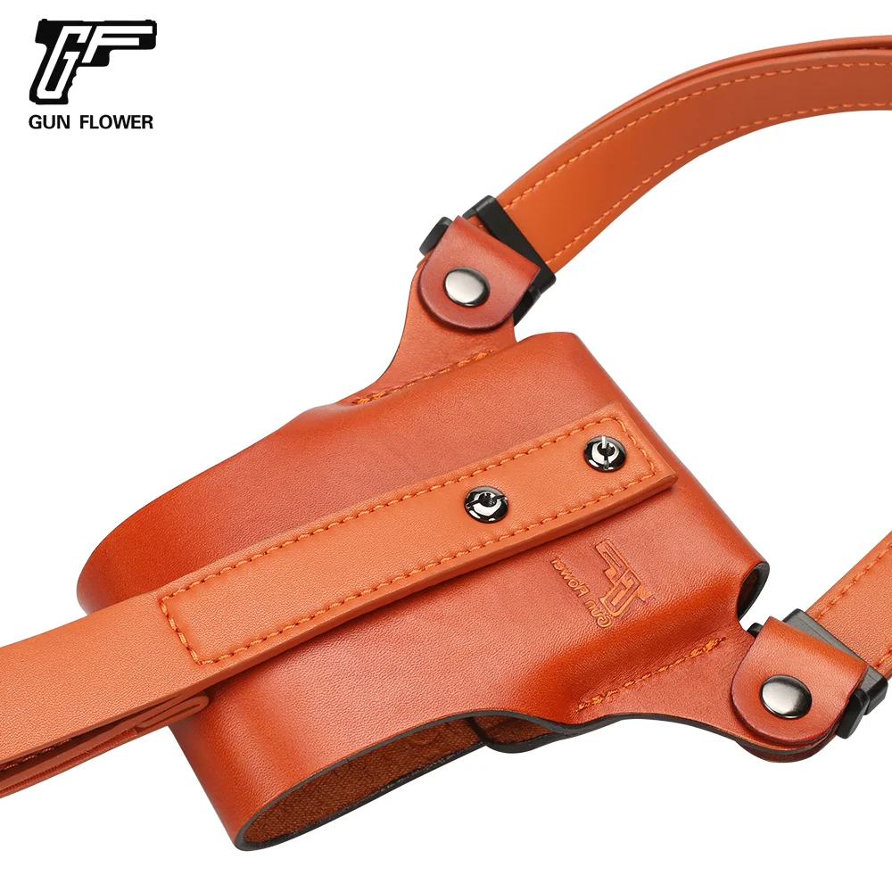 Gun&Flower Universal Leather Shoulder Holster Universal Holster+Double Mag Pouch Full Grain Leather Comfortable Carry