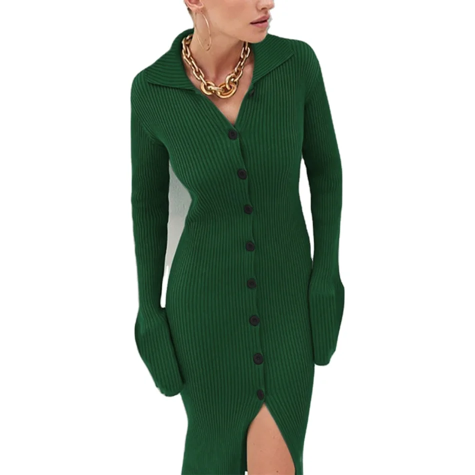 W5162 Best Hot Women Buttons Flare Sleeves Hanging Stripe Elegant Sweater Dresses Casual Party Knitting Bodycon Tight Midi Dress