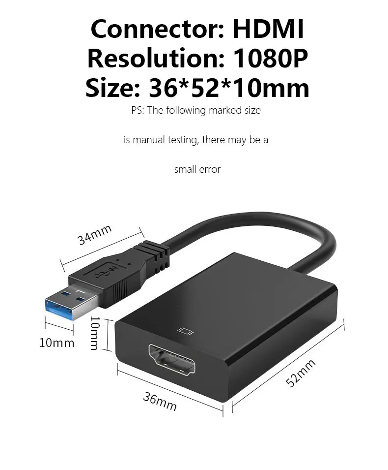 USB3.0 to HDMI Adaptor Converter Cable 3.0 USB to HDMI Adapter 1080o Compatible for Computer/Desktop/Laptop