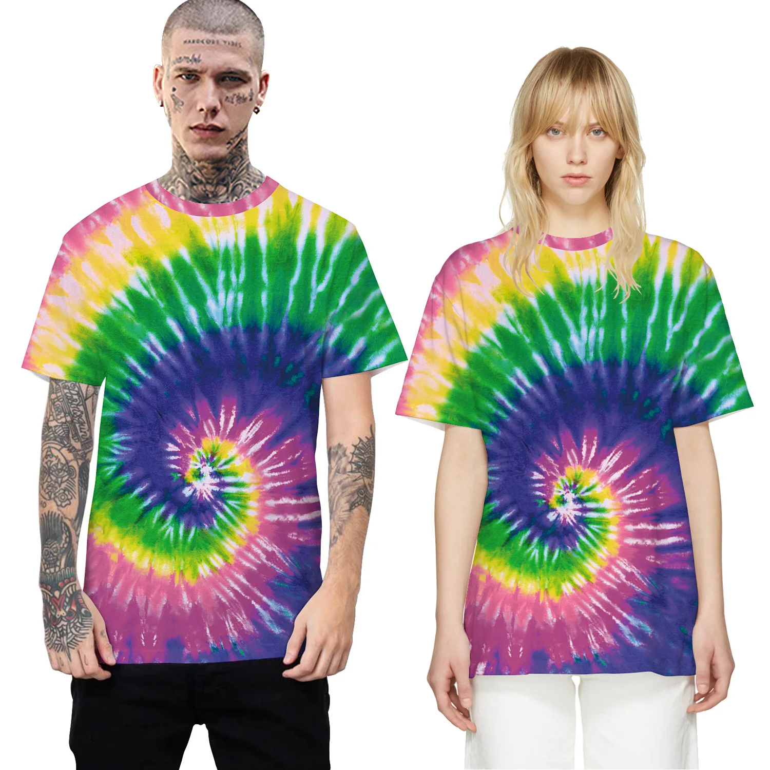 
hot sale collarless O-neck 3D heavy screen print t shirt tie dye 