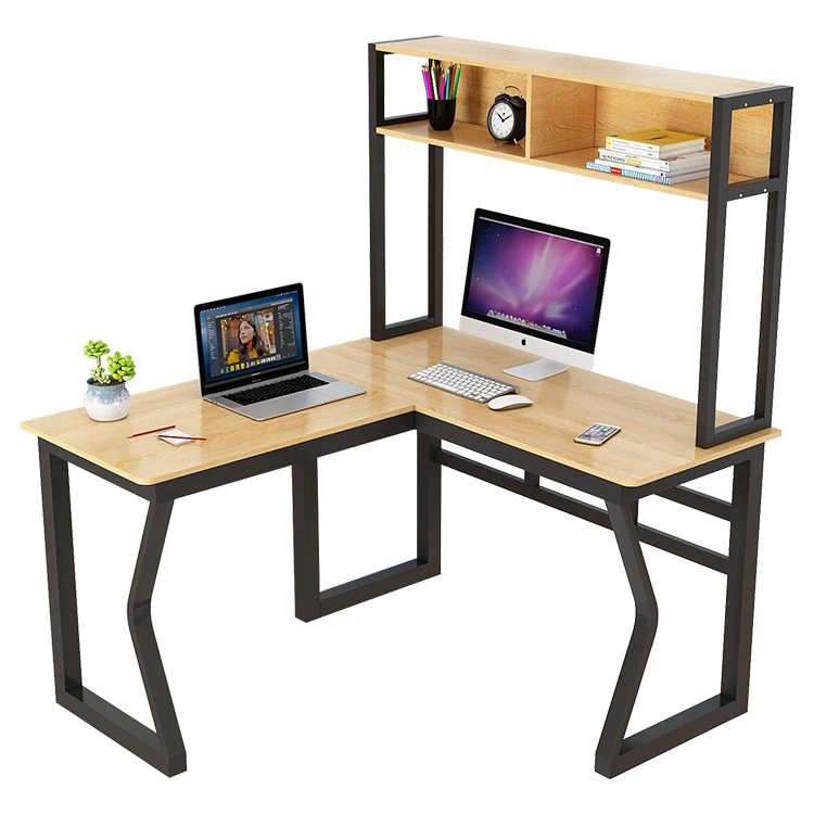 Hot Sell Corner Computer Desk Metal frame L-shaped Office Table With Bookshelf