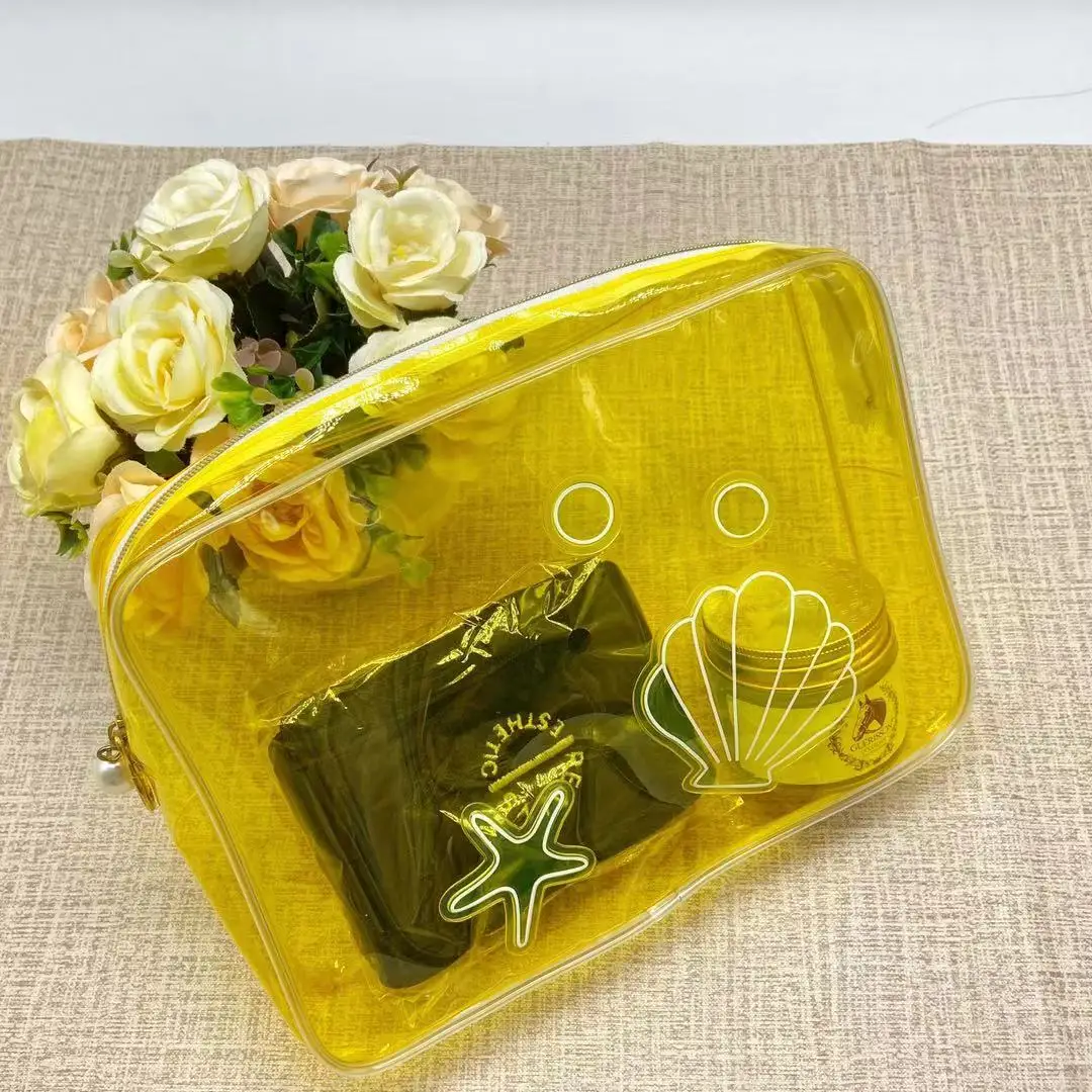 Shell yellow ladies plastic pvc bag Travel Clear Makeup Bag easy carry beauty tool pvc bag
