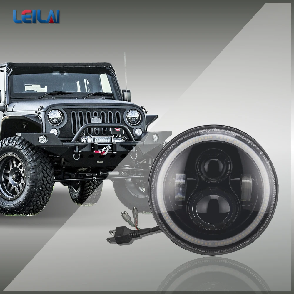 Raylight 7' Round LED Headlight With DRL Yellow And White Angel Eyes For Jeep Wrangler Lada Nvia