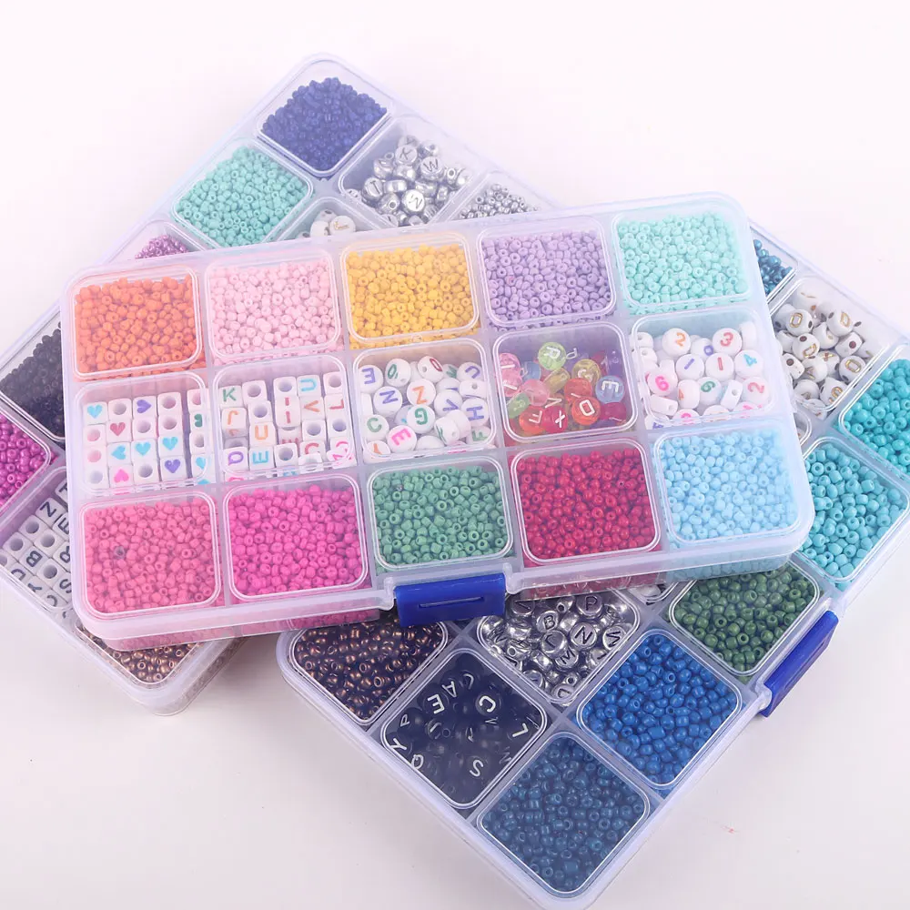 1800pcs DIY 4mm Glass Beads Set 250pcs 6mm Round Square Acrylic Alphabet Letter Beads Glass Seed Beads