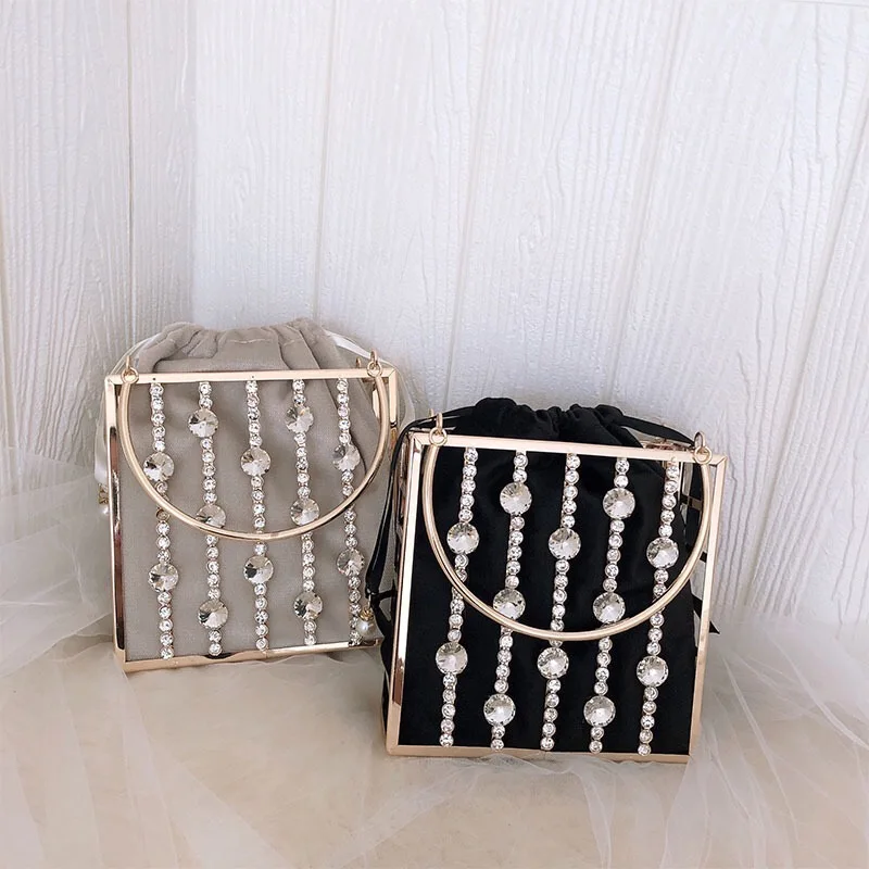 Female Rhinestone Bucket Evening Clutch Women Diamonds Alloy Evening Handbag Dinner Party Tote Bags Hollow Cage Metal Purse