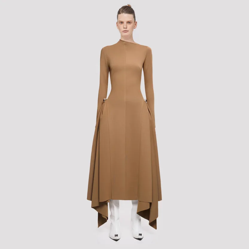 Boutique wholesale hot selling green long party dress 2024 autumn fashion high waist long sleeve elegant brown women dress