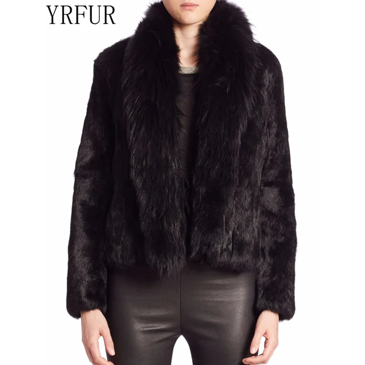 YR973  Real Rabbit Fur  Cloth With Raccoon Fur Collar Jacket Rabbit Fur Collar Coat