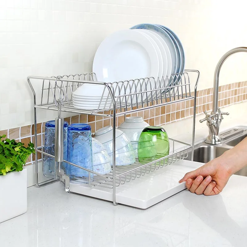 wholesale 2-tier Stainless Steel Kitchen Sinkware Plate Tray Metal Dish Drying Rack With Drip Tray