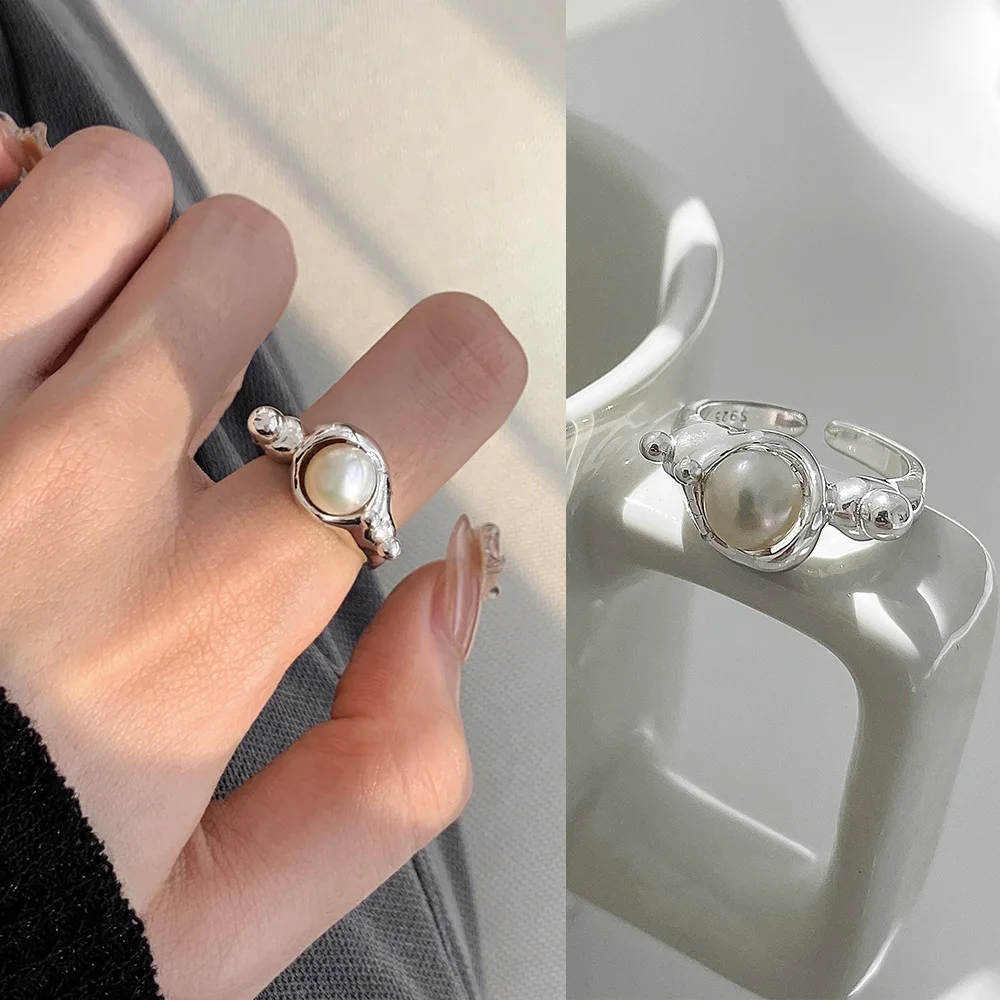 French Style Baroque Pearl Ring Women Silver Plated Adjustable Opening Cuff Irregular Geometric Ring for Party Jewelry