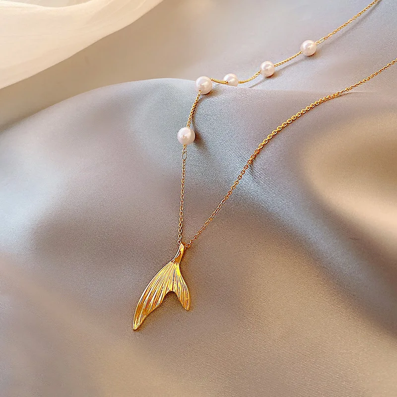 Waterproof Stainless Steel 18K Gold Plated Jewelry French Imitation Pearl Fish Tail Pendant Necklace Non Tarnish