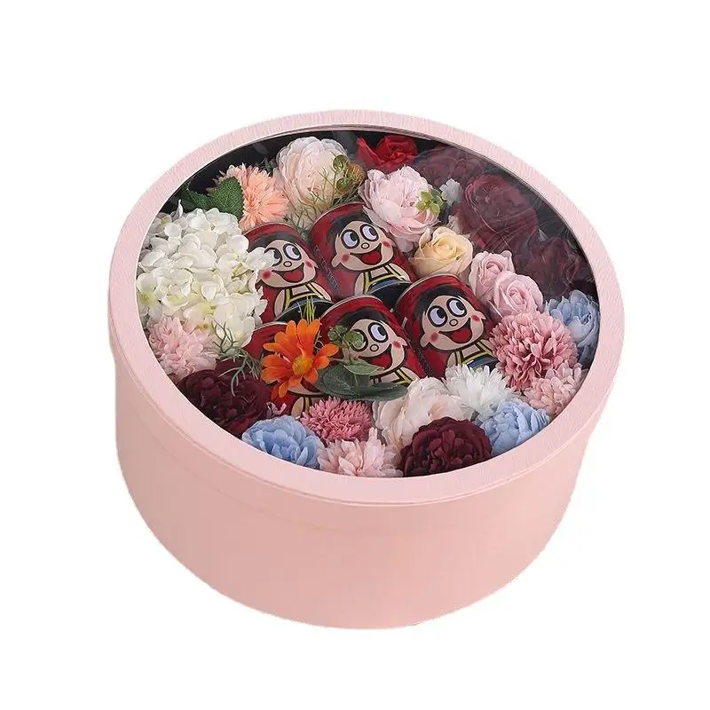 Custom Logo Luxury Pink Birthday Wedding Bouquet Round Floral Flower Packaging Box For Florist With Lid