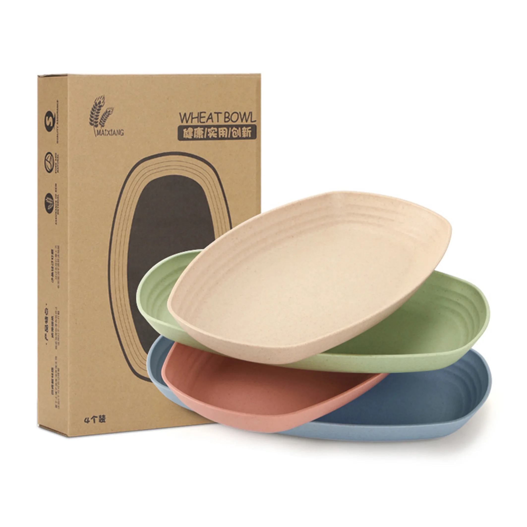 
4 Pack Wholesale Reusable Wheat Straw Rectangular Plate Set Of Dishes 