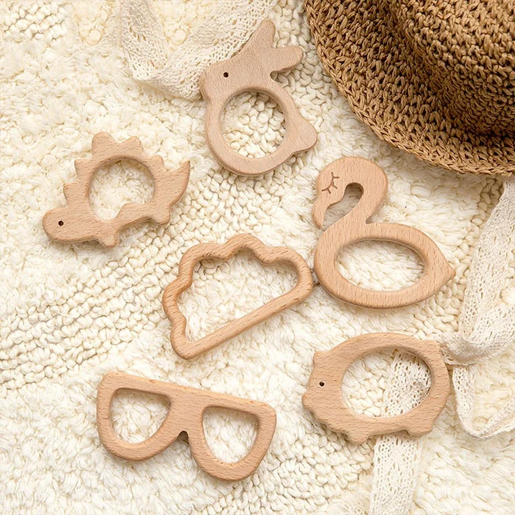 INS Baby Teething Toys Animal Pig Rodent Flamingo Beech Bracelet Pacifier Pendant Wooden Teether