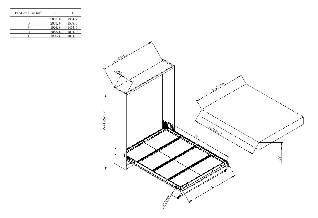 Fold down Murphy hidden wall beds spring mechanism hardware kit leg tube with closet or cabinet