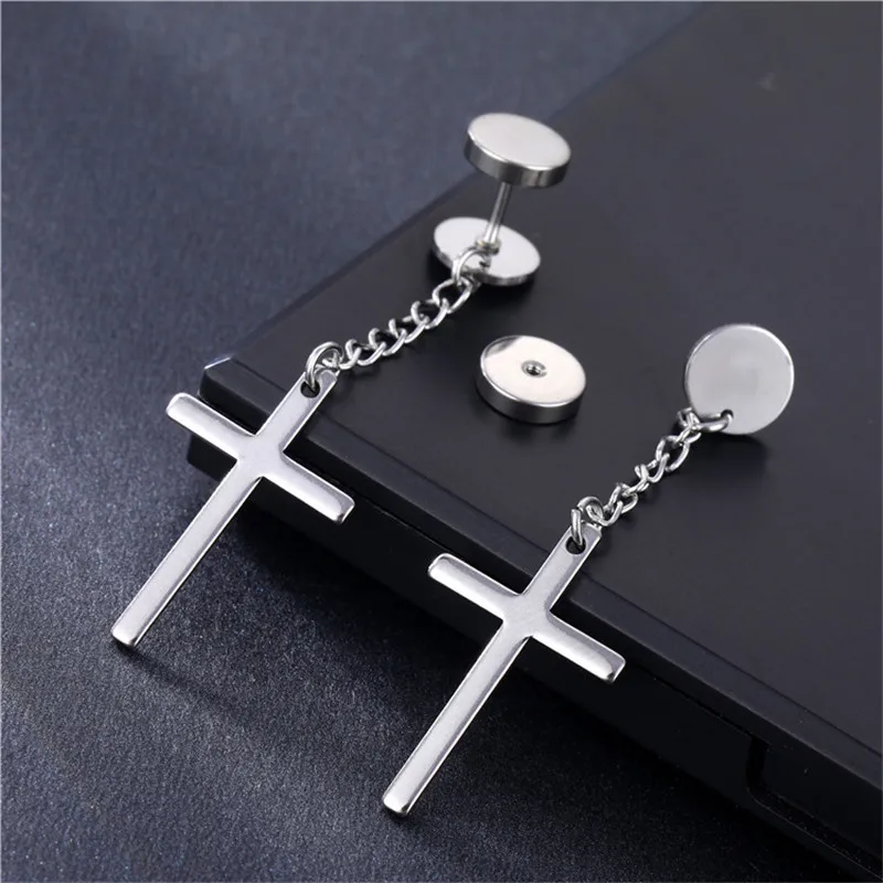 KOMI Big Cross Drop Earrings Round Disc Stud Earrings Simple Temperament Long Cross pendant Earrings for Men Punk Jewelry Gifts