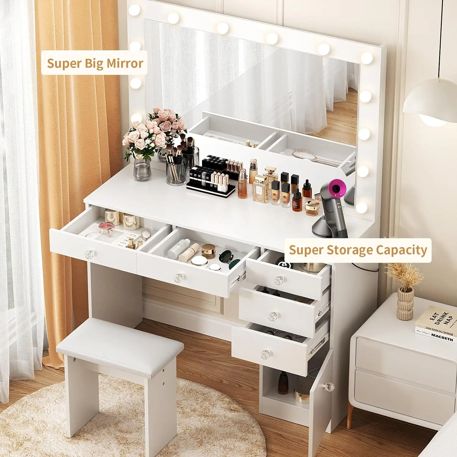 Modern Makeup Table Set MDF Wood Vanity Dressing Table with LED Light Standing Mirror Stool Feature Storage
