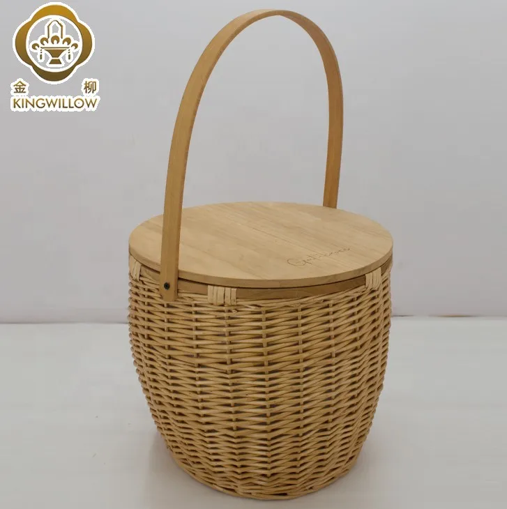 Round Wicker Picnic Basket With Wood Lid And Put Down Handle Storage Baskets