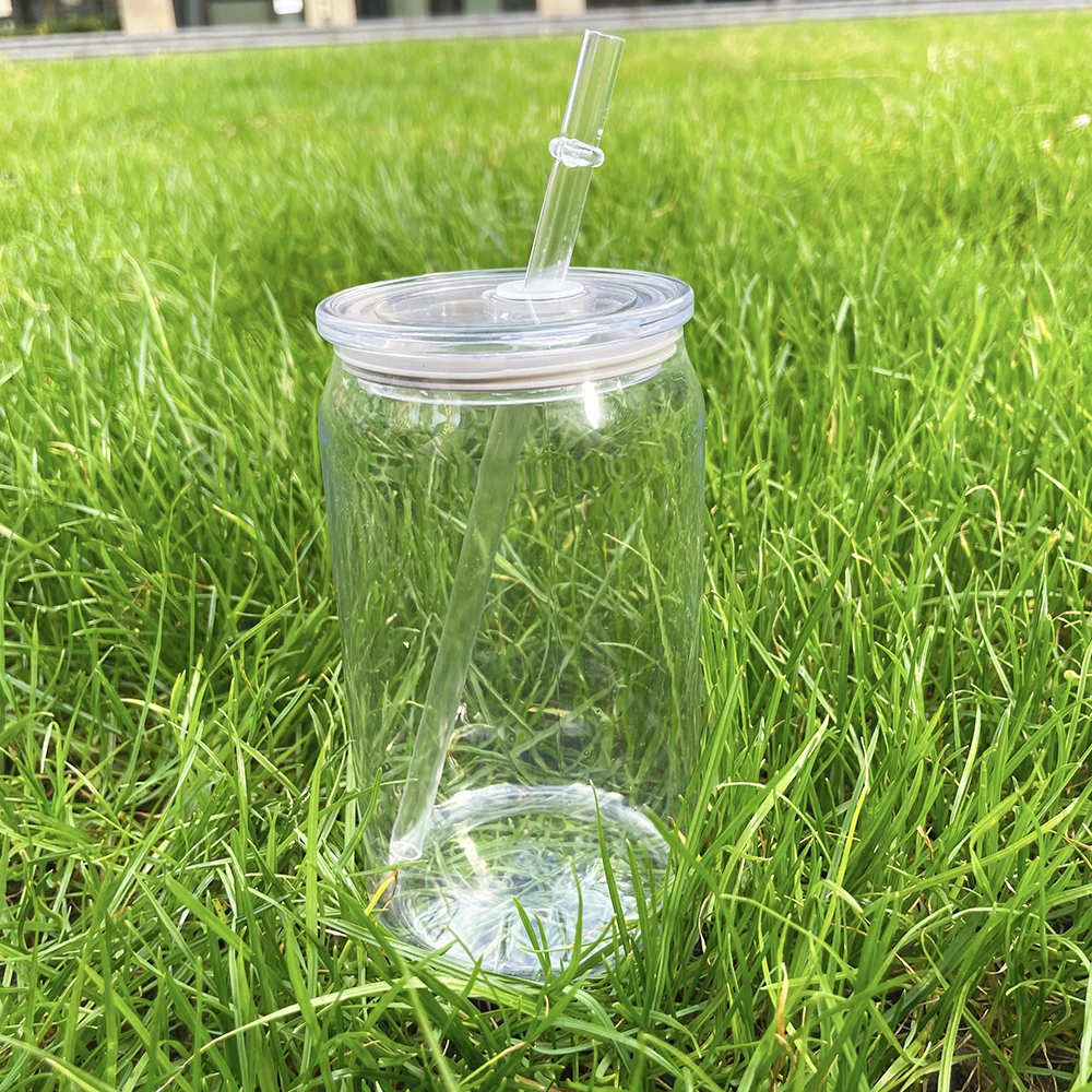 Recyclable clear transparent PET 16oz acrylic plastic can milk tea Coffee juice bottles with lid and straw for UV DTF transfer