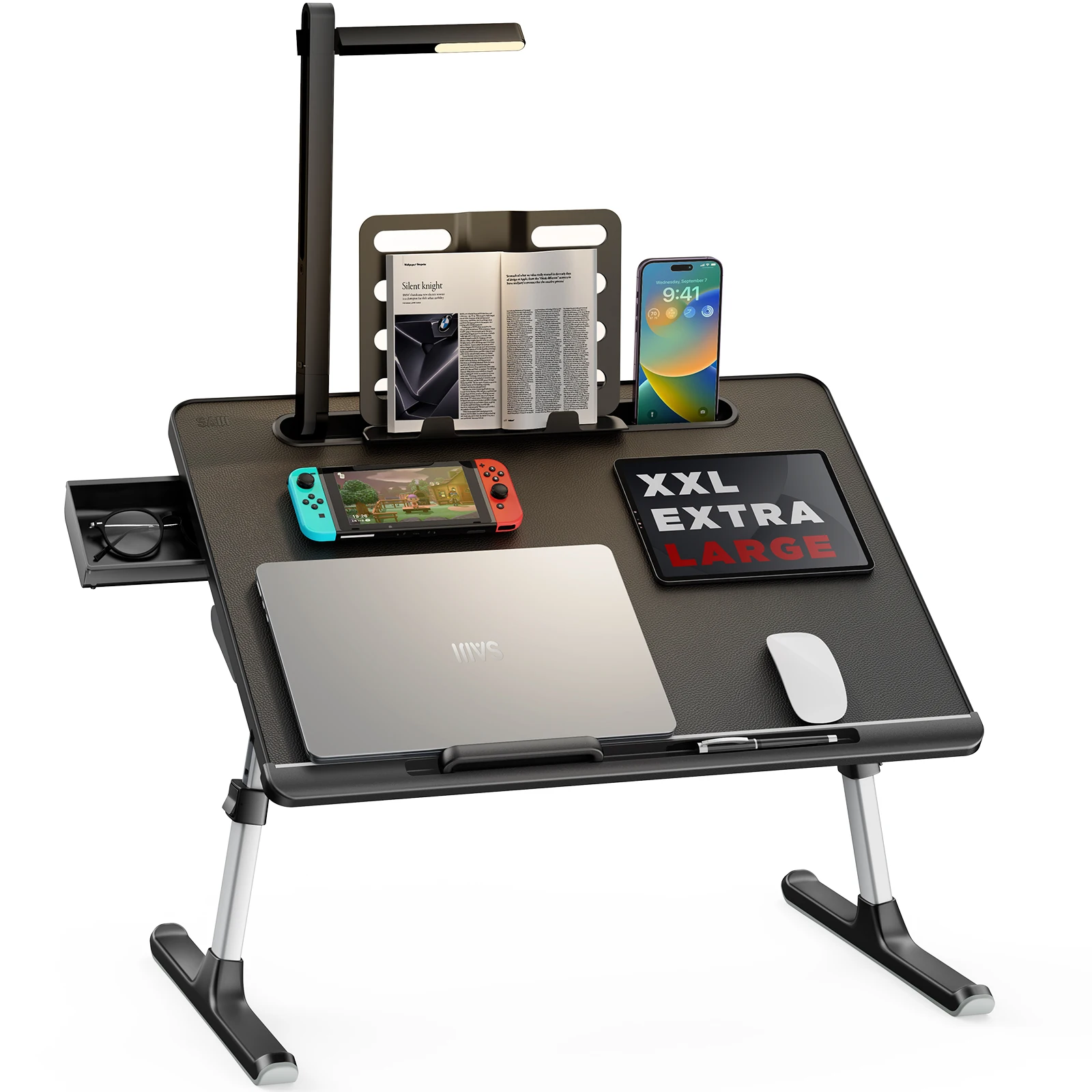 Новый регулируемый столик для ноутбука SAIJI со светодиодной лампой, подставка для книги, кожаный столик большого размера с выдвижными ящиками для кровати, поднос для кабинета, дома и офиса