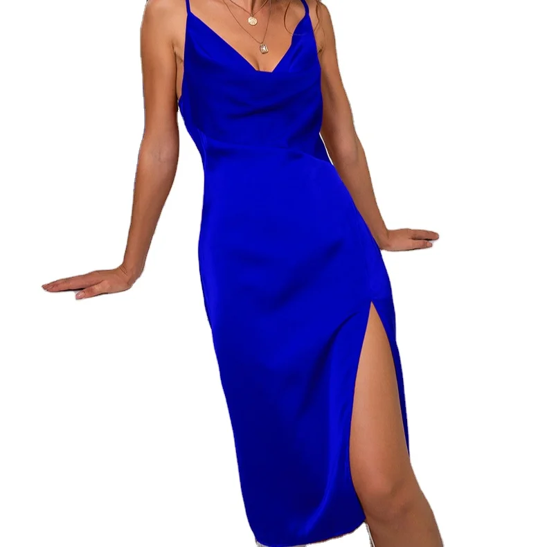 Wholesale Spaghetti Strap Backless Evening Dress Ladies Elegant Red Satin Dresses Women Split Bodycon Sexy Party club