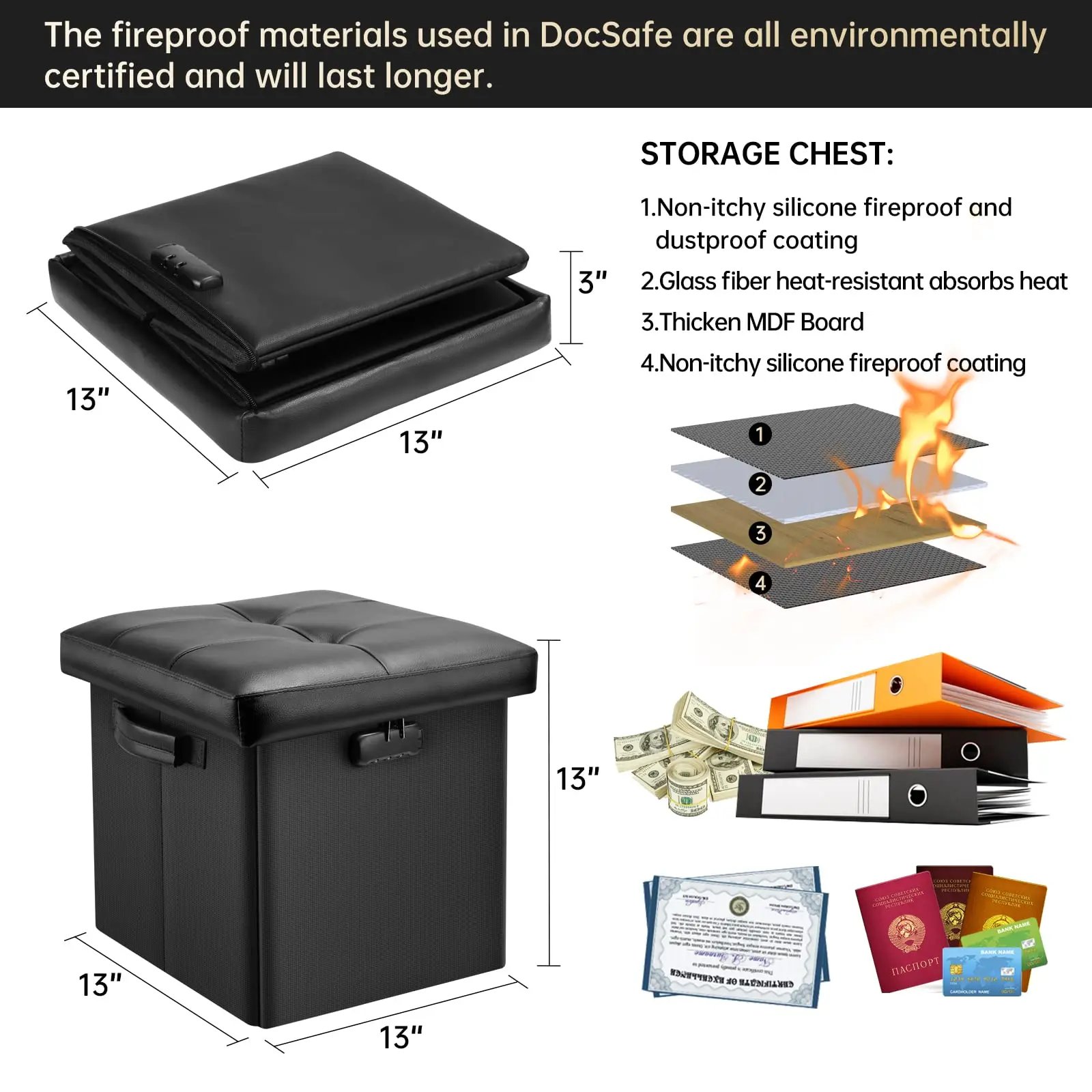 OEMNew Square Storage Ottoman With Tray and Lock Fireproof Folding Storage Ottoman Bench Portable Folding Stool with Storage Box