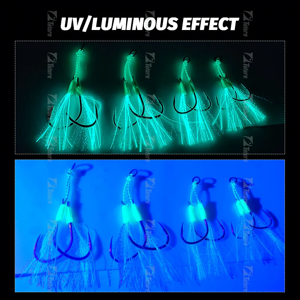High quality 1/0 2/0 3/1 4/0 Luminous  Double hook  Cast Long Jig Assist Hook   High Carbon Steel Jig Lure Sea Fishing Hooks
