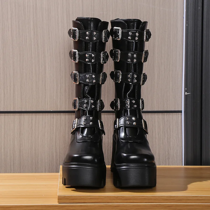 BUSY GIRL X4526 Black Platform Goth Boots for Women Studded Mid Calf Punk Boots Round Toe Chunky Heel Zipper Ankle Booties
