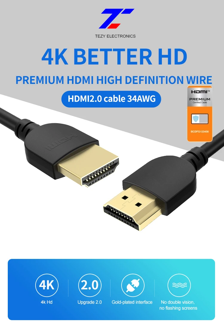 Tezy Low Price Slim 4K 60Hz Support 2V 3D HDR Ethernet HDMI Ultra Cord Laptop Black HDMI Cable