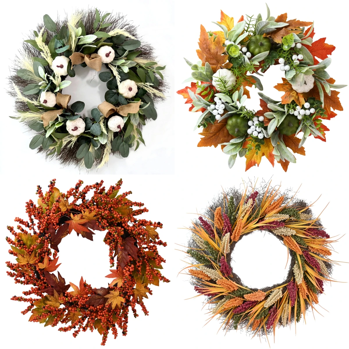 24 Inch Fall Maple Leaves Hanging Decorative Artificial Foam Berries Twigs Autumn Door Wreath