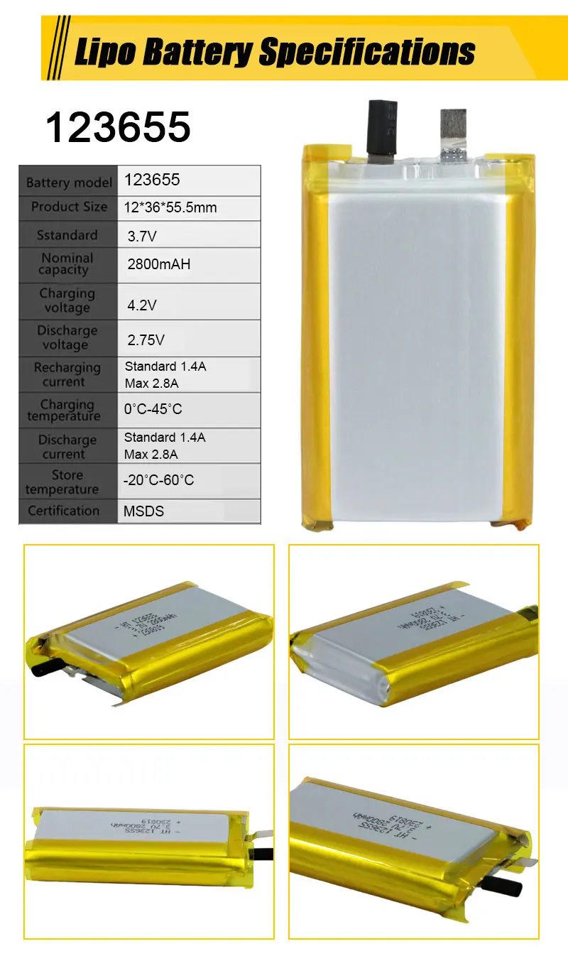 Customized High Quality 123655 3.7V 2800mAh Lithium ion Polymer Battery