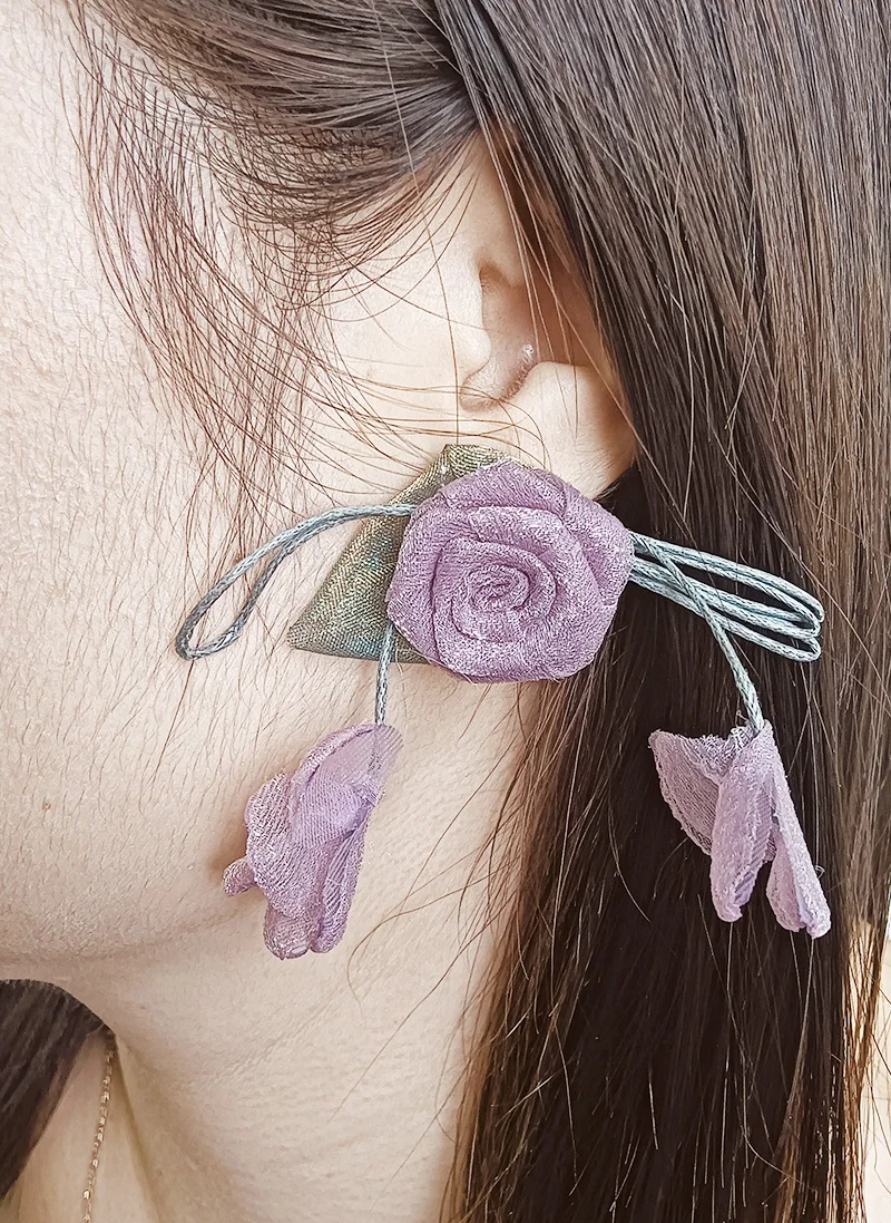 Korea Sweet Fabric Mesh Floral Long Tassel Drop Silver Needle Earrings for Women Personalized High-end Party Jewelry Accessories