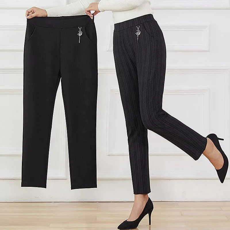 2020 Autumn Striped Pencil Pants for Women High Waisted Casual Ladies Office Pantallon Knitted Polyester Trousers With Pockets