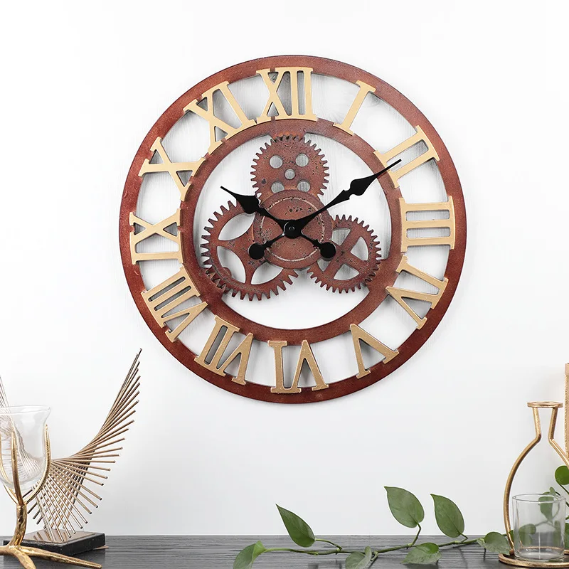 
50cm Home Decorative Retro American Style Classic Wooden Wall Clock with Gear 