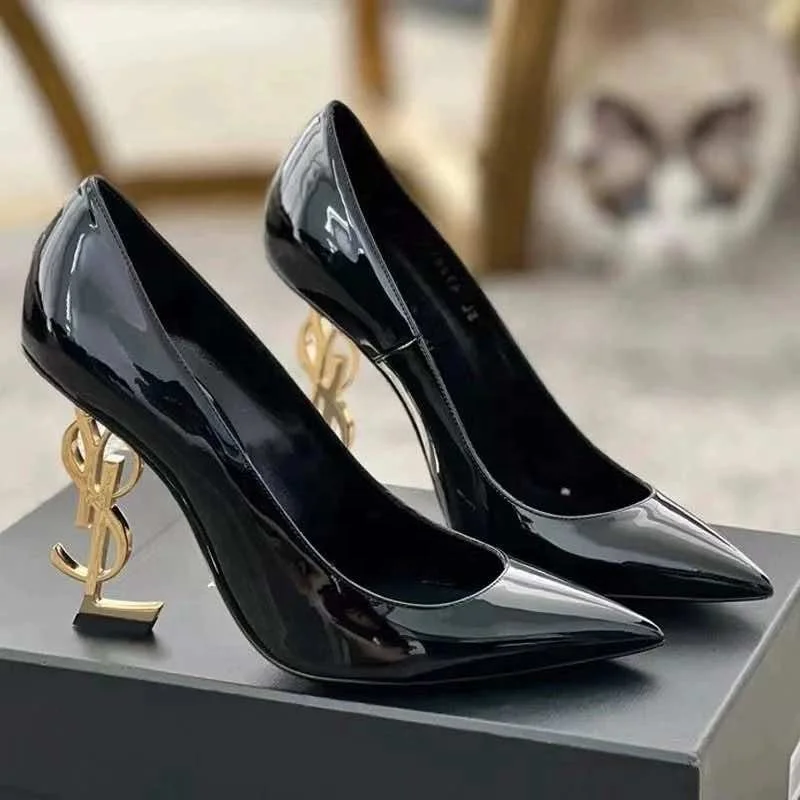 Top Version Brand Luxury Designer Shoes Women Black Gold Heels Pumps Sandals Patent Leather Fashion Wedding Women Sexy Shoes