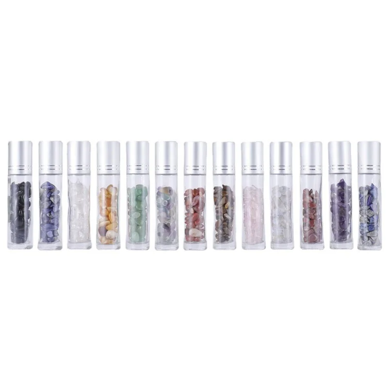 Clear 10ml Glass Massage Ball Essential Oils Gemstone Crystals Roller Bottle Perfume Bottle With Natural Crushed Stones with lid
