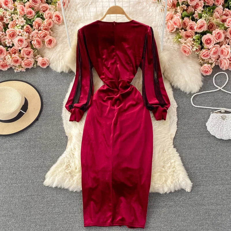 Fashion Long Bodycon Party Elegant Design Vestidos Velvet Evening Dress for Women