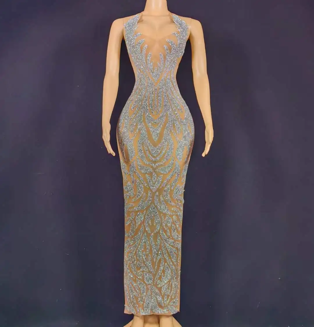 Ocstrade Sparkly Rhinestone Performance Dress Sexy Halter Backless Mesh See Through Women Maxi Prom Dress For Stage Wear