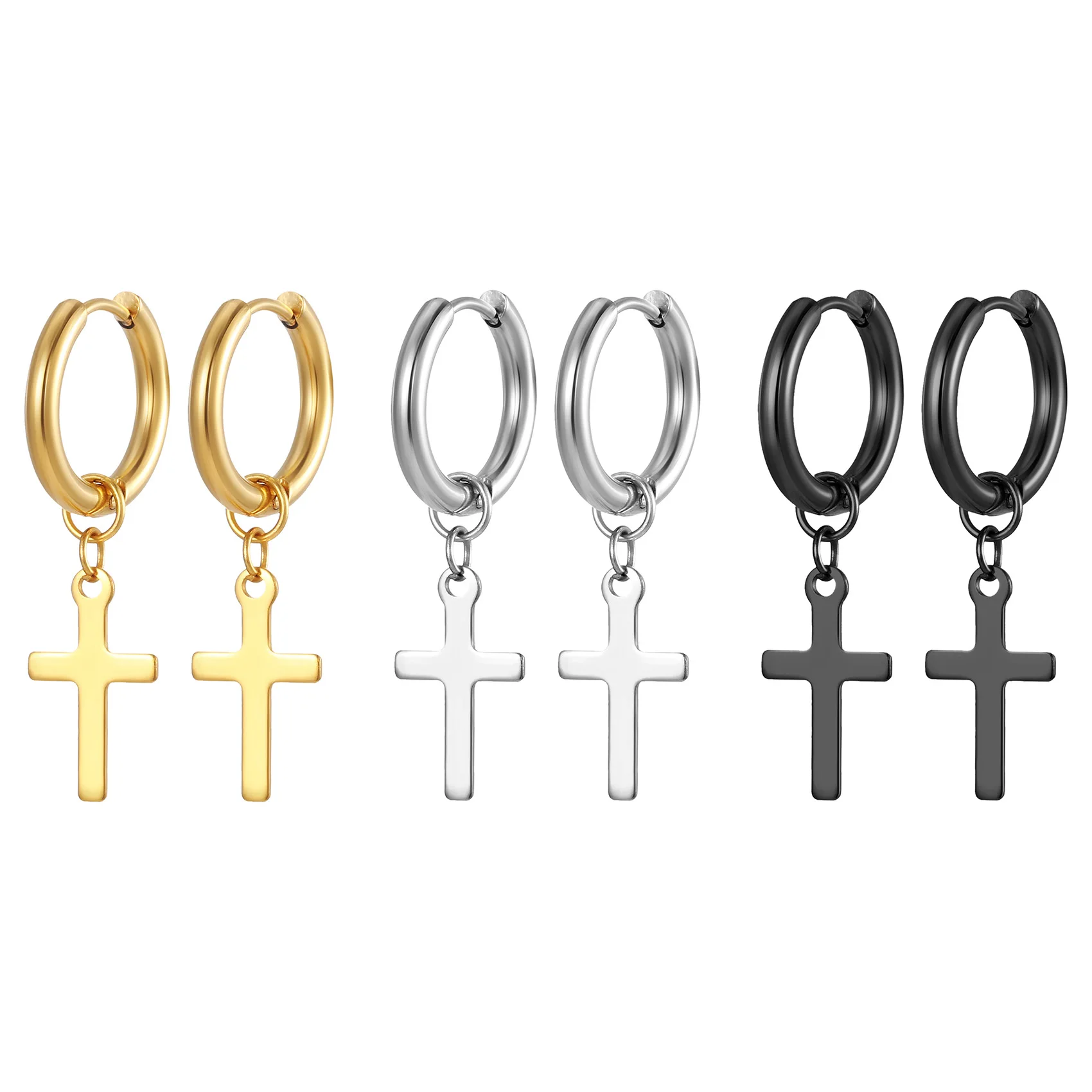 Christian Mens Ear Clips Jewelry Cross Earrings Stainless Steel Small 18K Gold Plated Hoops Earrings For Men Women