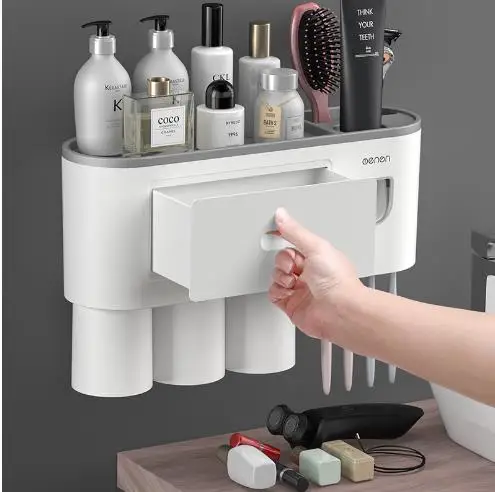 Tooth brush Holders for Bathrooms 3 Cups Toothbrush Holder Wall Mounted with Toothpaste Dispenser Large Capacity Tray