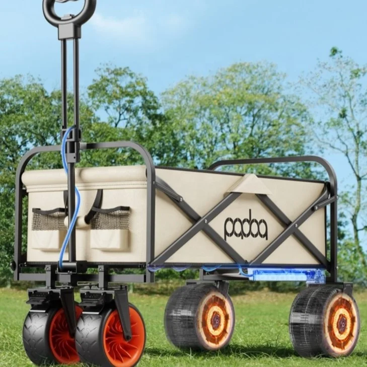 Electric outdoor folding wagon electric beach folding wagon cart with front omni-directional wheel ride on camping cart